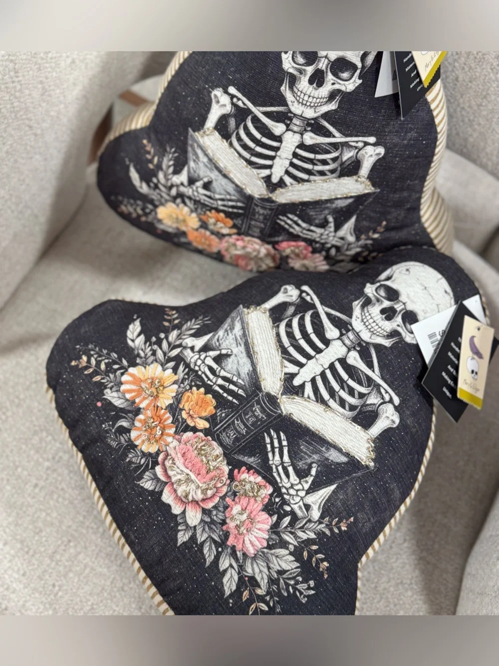 2 Black Skeleton & Floral Heart Pillow — Decorative Reading Skeleton Accent